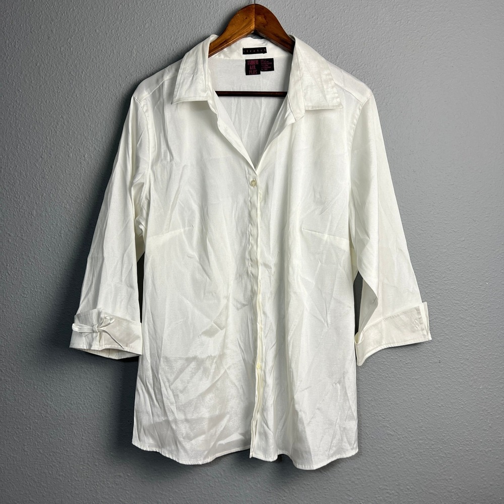 Andrew & Co. Plus Stretch Hidden Button-Up 3/4 Sleeve Career Blouse White 1X